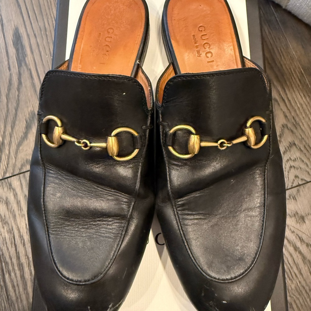 Gucci Black Princetown Loafers with Gold Hardware